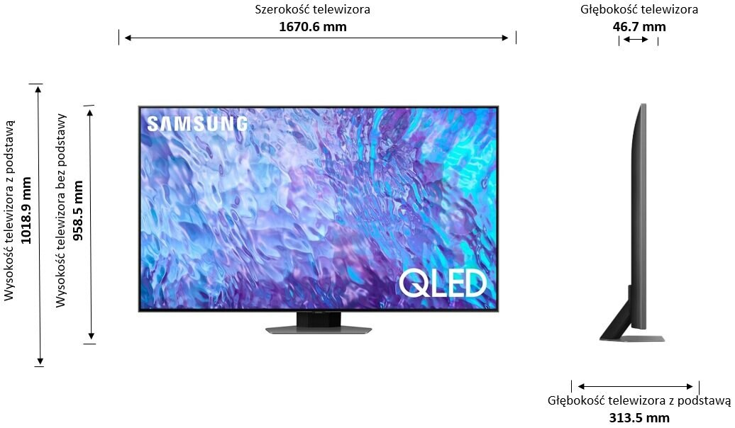 Telewizor Samsung QLED z wyświetlonymi wymiarami. Białe tło.