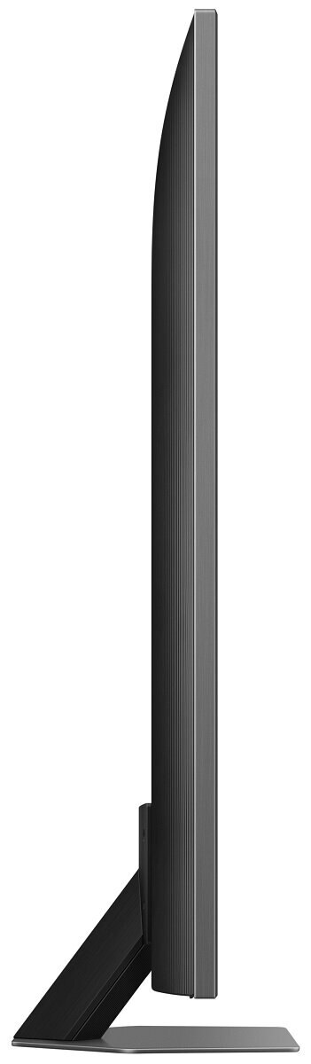 Telewizor z boku. Czarny ekran, szara ramka i czarna podstawa. Białe tło.