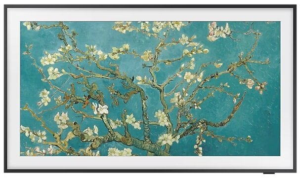 Oprawiony obraz kwiatów migdałowca na niebieskim tle.