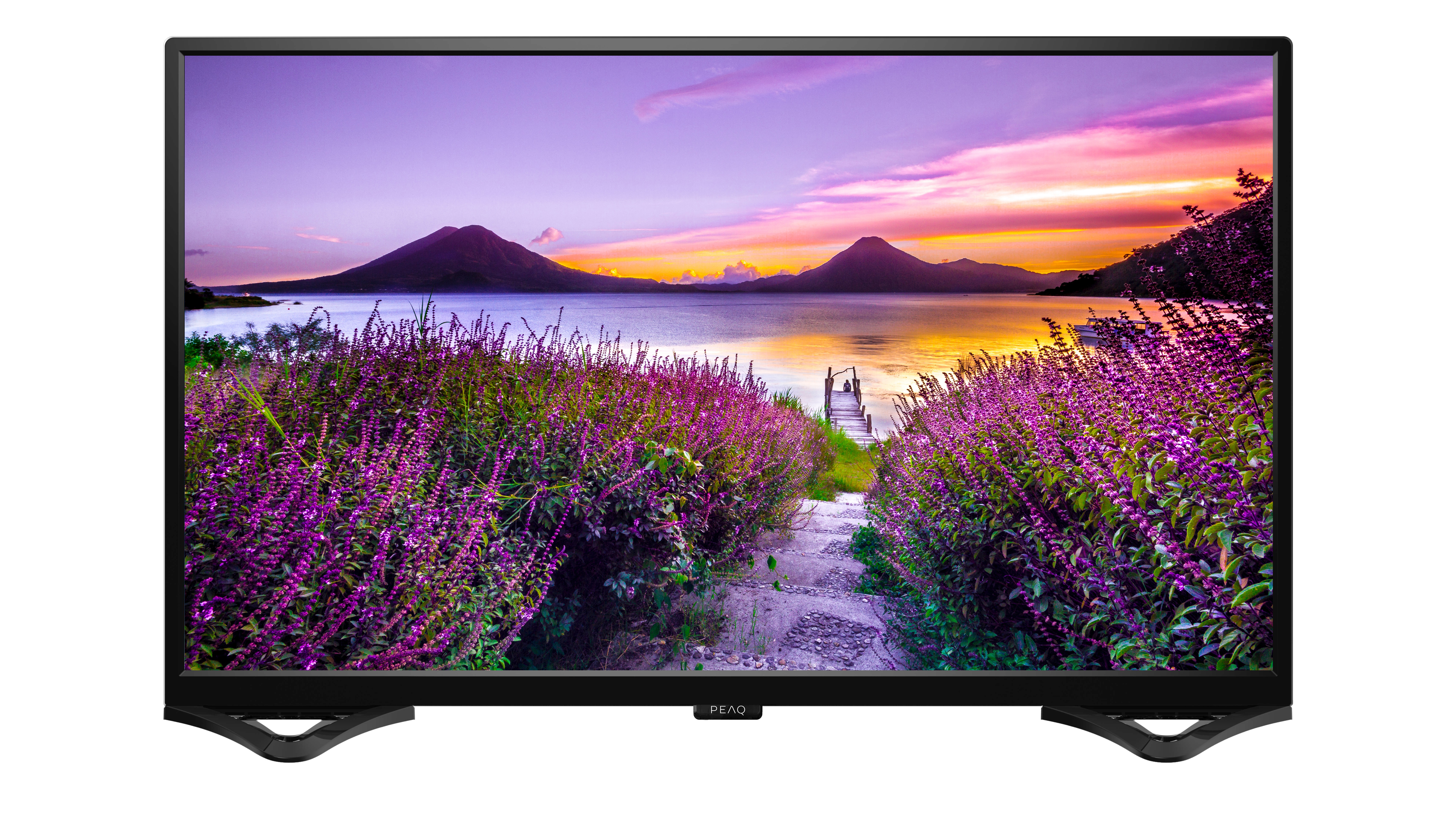 Gün batımında bir göl ve dağların manzaralı görüntüsünü gösteren bir televizyon ekranı.