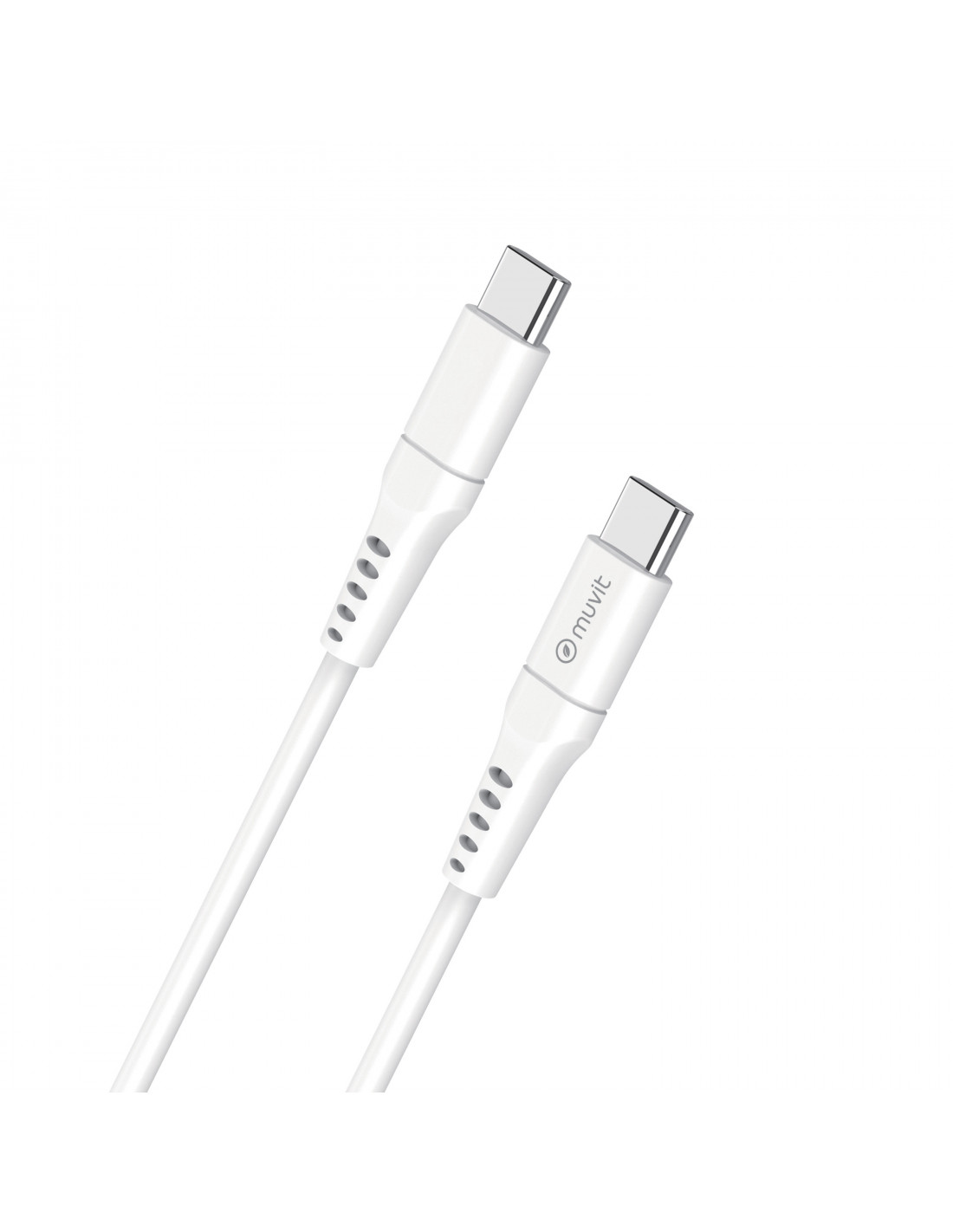 Cable USB-C blanco. Dos conectores visibles. Marca Muvit en el conector.