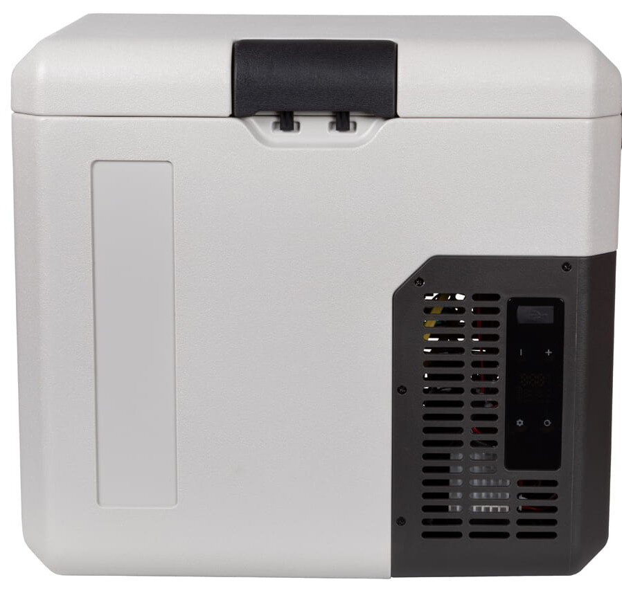 Biało-ciemnoszara chłodziarka. Posiada uchwyt i ciemnoszary panel z boku.