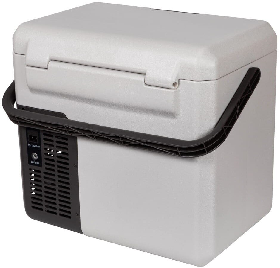 Szara lodówka z czarnym uchwytem i otworami wentylacyjnymi.