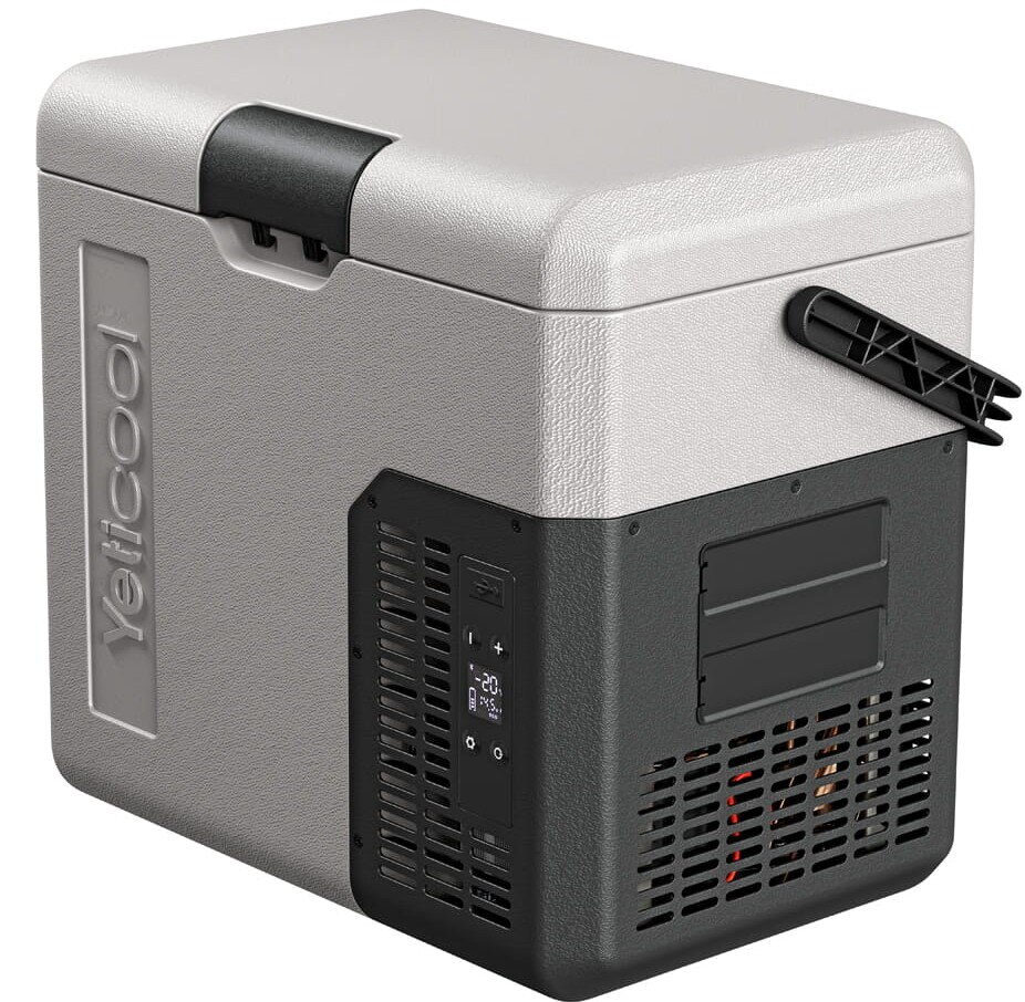 Szara i czarna przenośna chłodziarka z uchwytem, panelem sterowania i otworami wentylacyjnymi z boku.