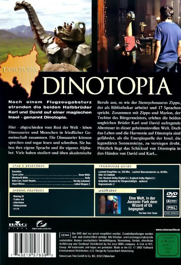 DVD-Cover von Dinotopia mit Dinosaurier- und menschlichen Charakteren auf einer Fantasieinsel.
