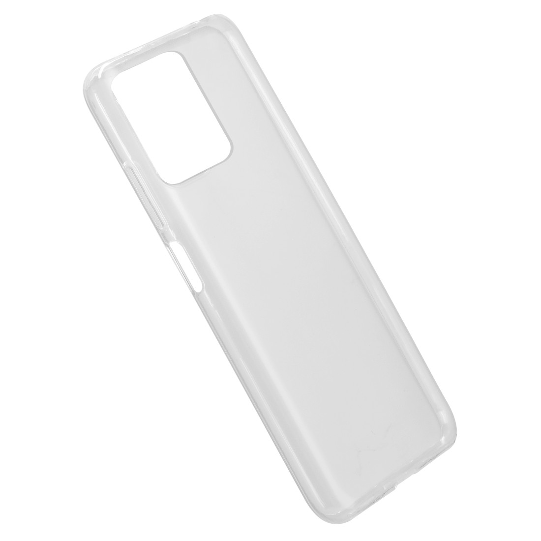 Eine transparente Handyhülle mit rechteckiger Öffnung für die Kamera.
