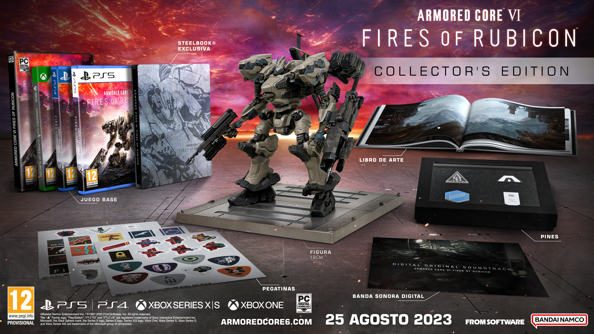 Set de caja de juego con figura de mech, libro, pegatinas y discos de juego. El fondo es ardiente.