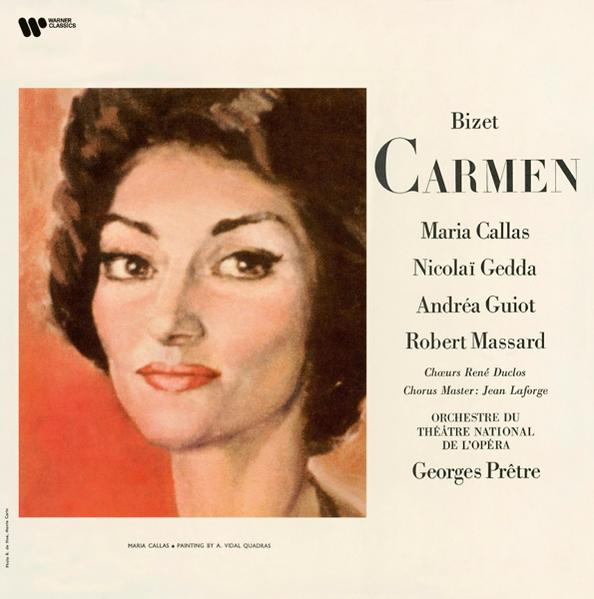 Carmen albumborító. Maria Callas portréja. Piros háttér, fekete szöveg.