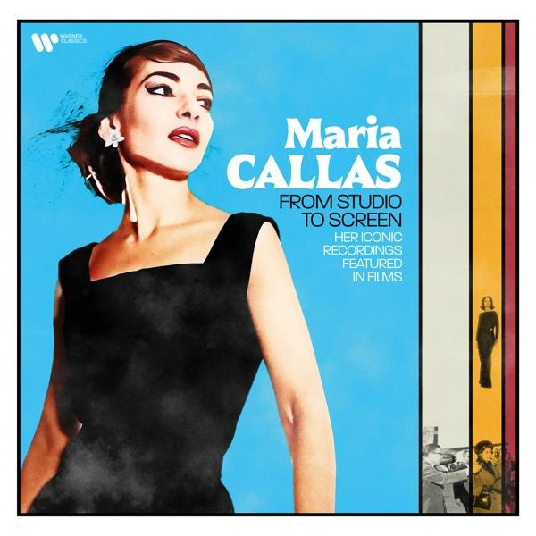 Maria Callas album borítója. Egy nő fekete ruhában, kék háttérrel, szöveggel.