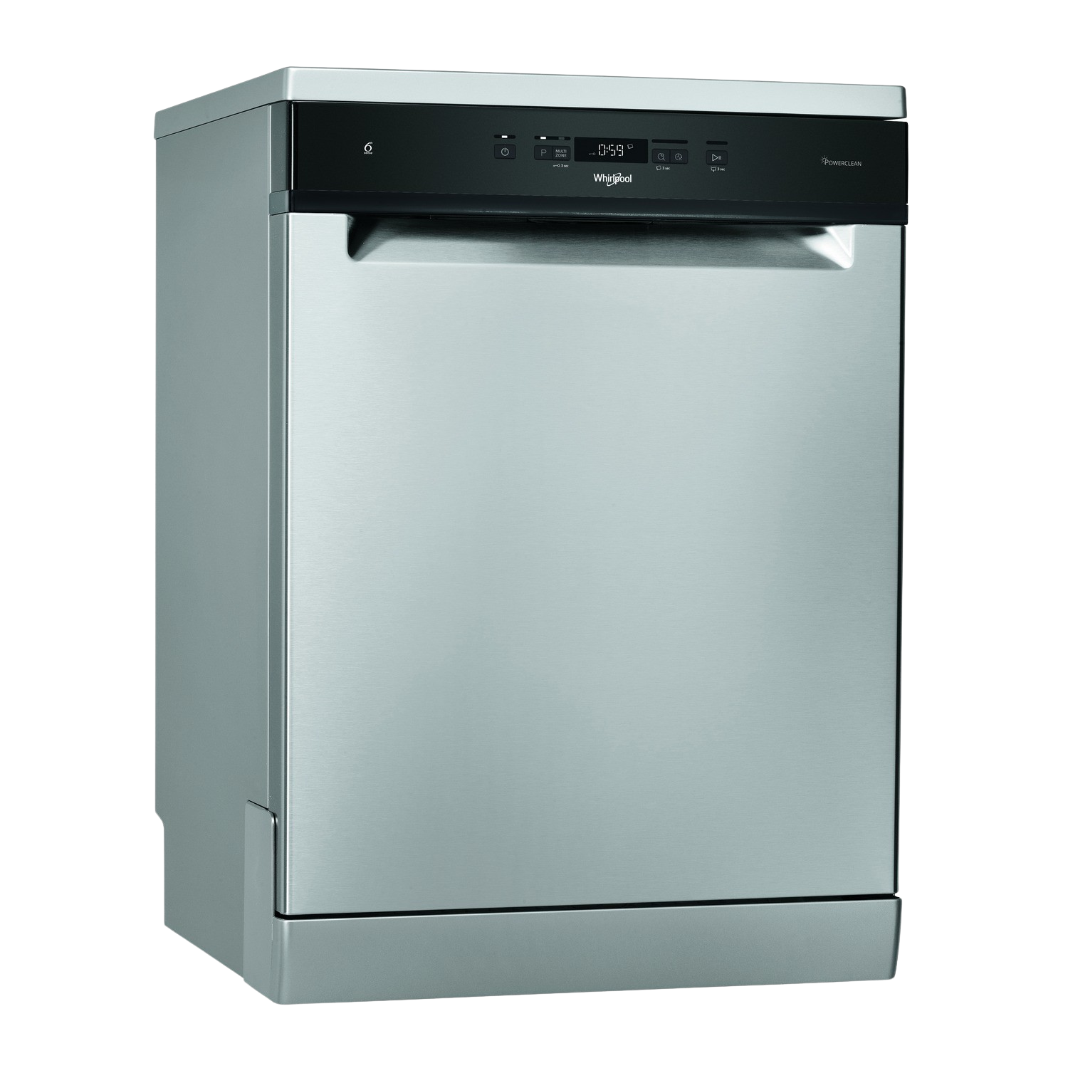 A silver Whirlpool dishwasher with black top control panel. The door is closed.