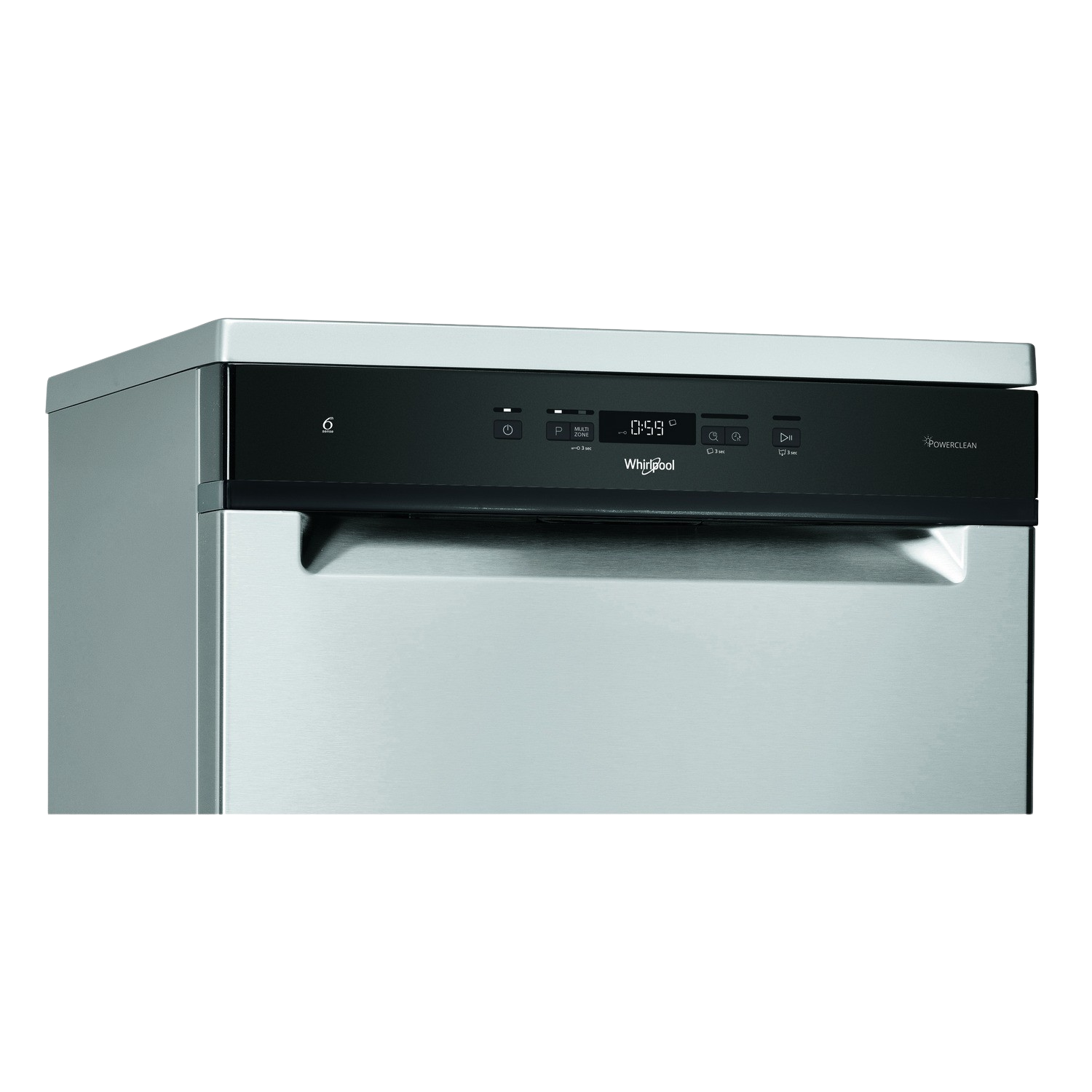 A close-up of a stainless steel dishwasher control panel with digital display.