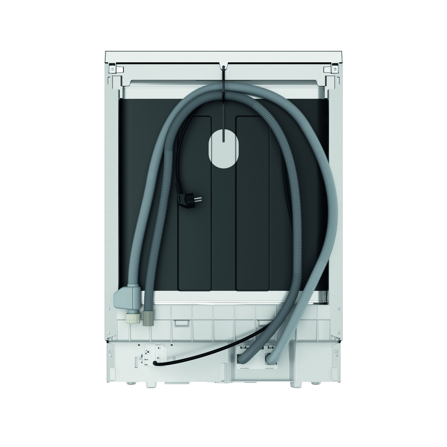 Dishwasher interior: gray corrugated hose, black box, white frame.