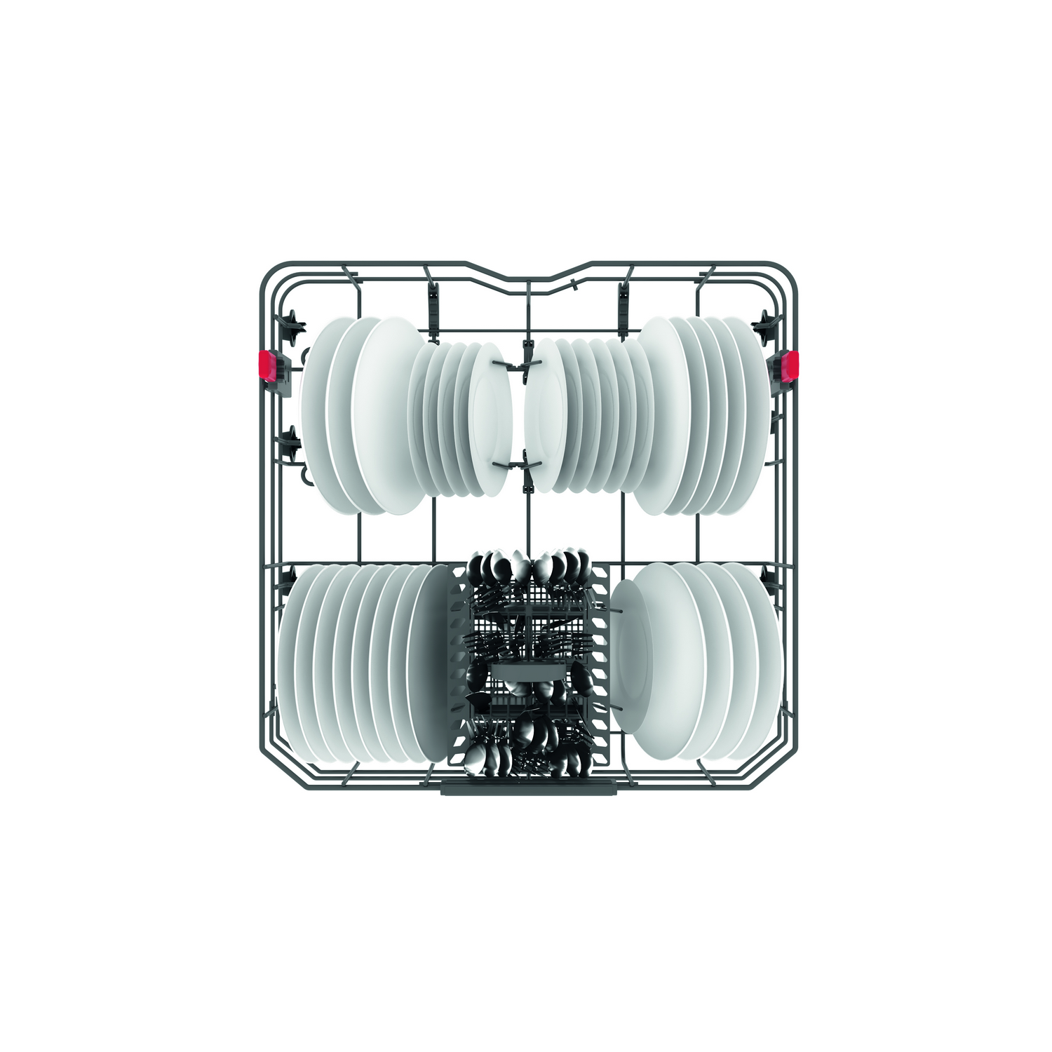 A dishwasher's interior filled with plates, cups, and utensils.