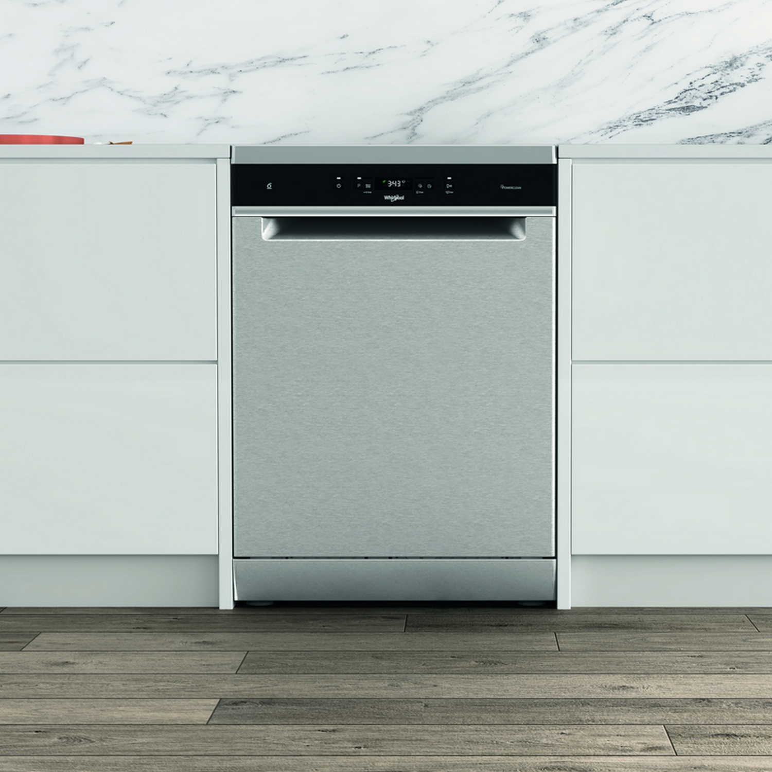 Stainless steel Whirlpool dishwasher built into a white cabinet with wooden floor.