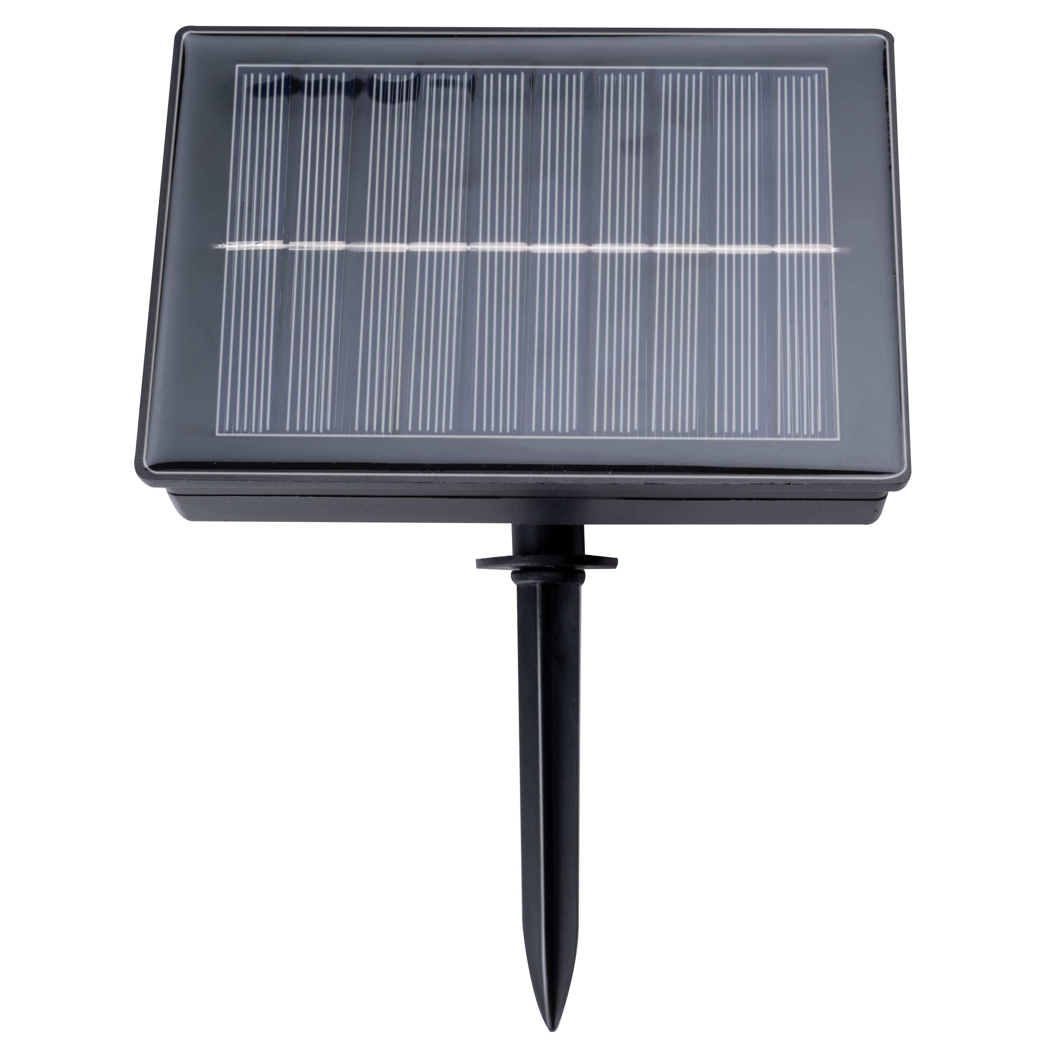 Kleines schwarzes Solarpanel mit einem schwarzen Dorn zur Bodenmontage.