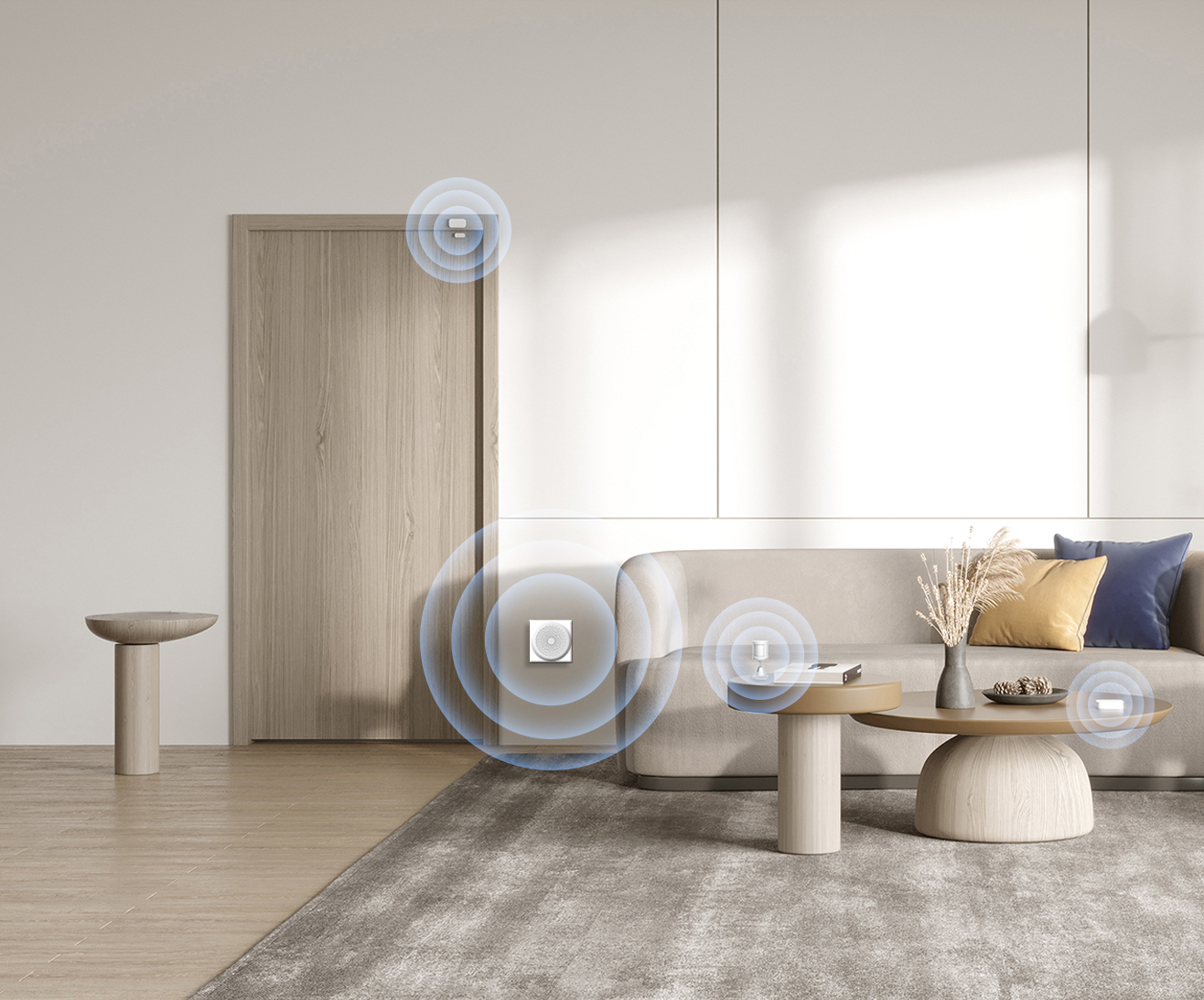 Salon moderne avec porte, appareils intelligents et canapé avec coussins.