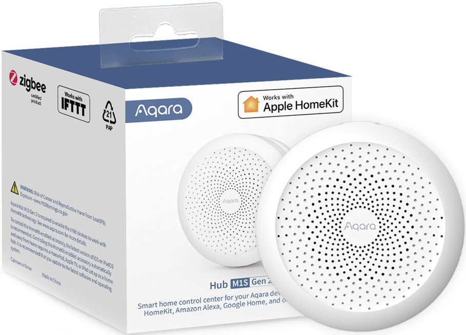 Hub domotique Aqara blanc avec une boîte, montrant le logo Aqara.