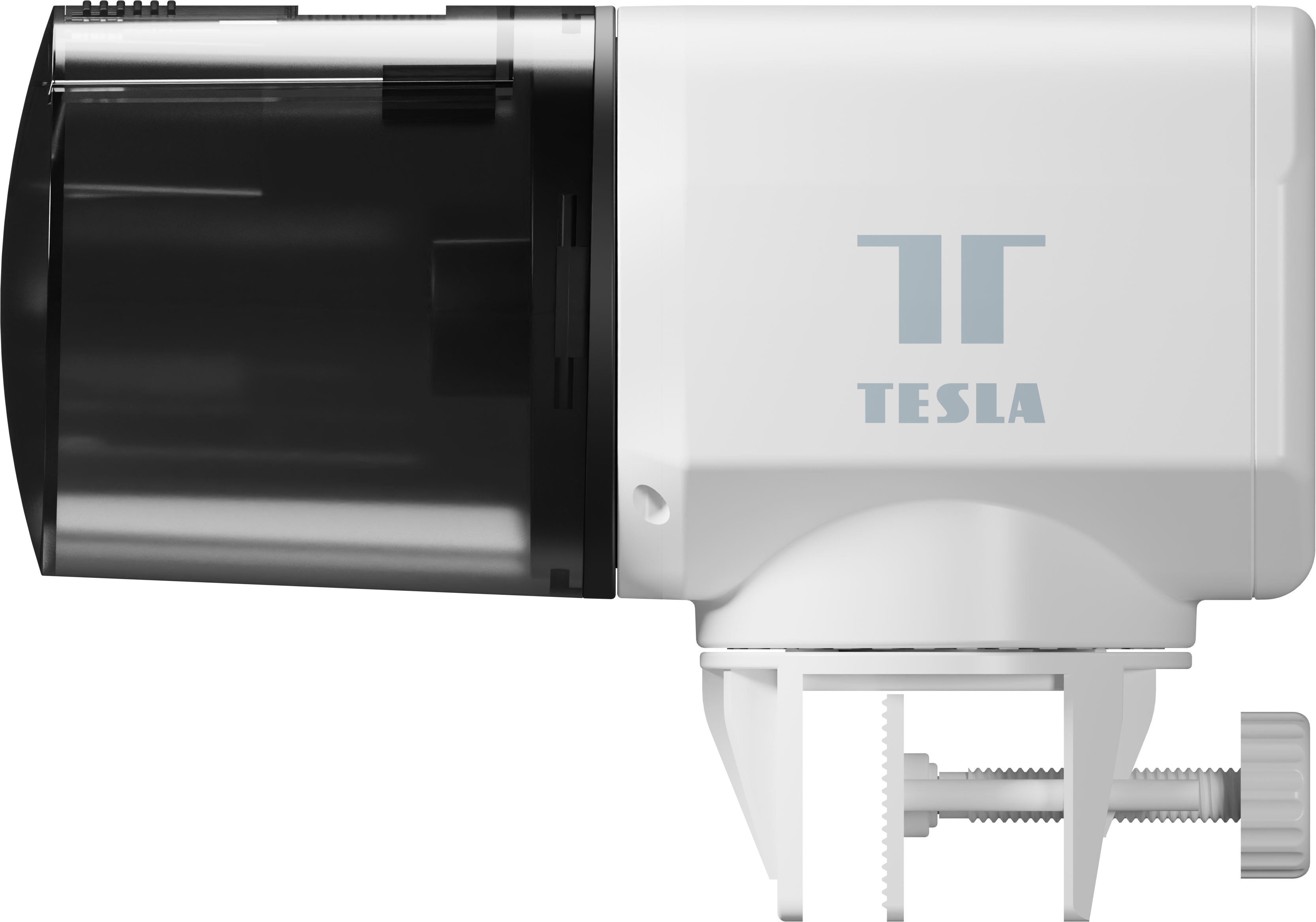 Fehér-fekete automata haltáp adagoló Tesla logóval, bilincsen rögzítve.