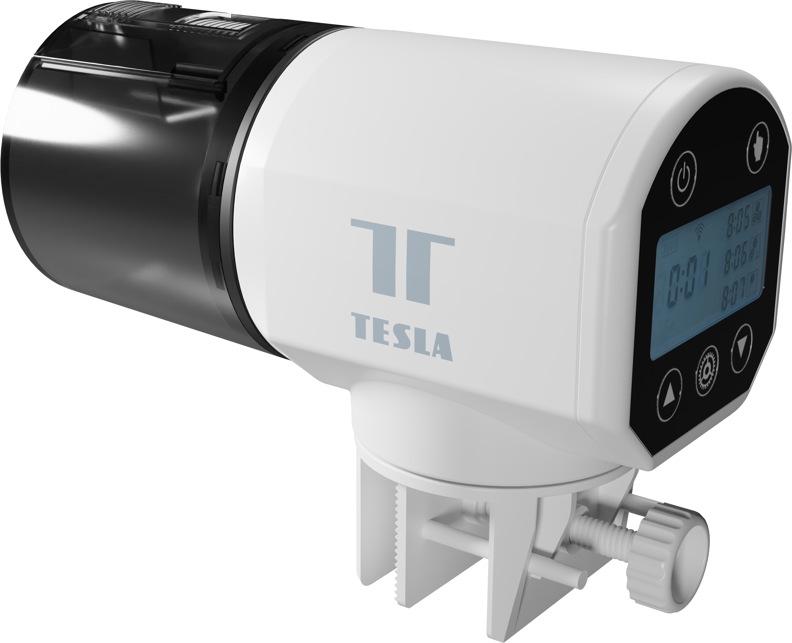 Fehér és fekete Tesla haltáp adagoló, bilinccsel és kijelzővel.