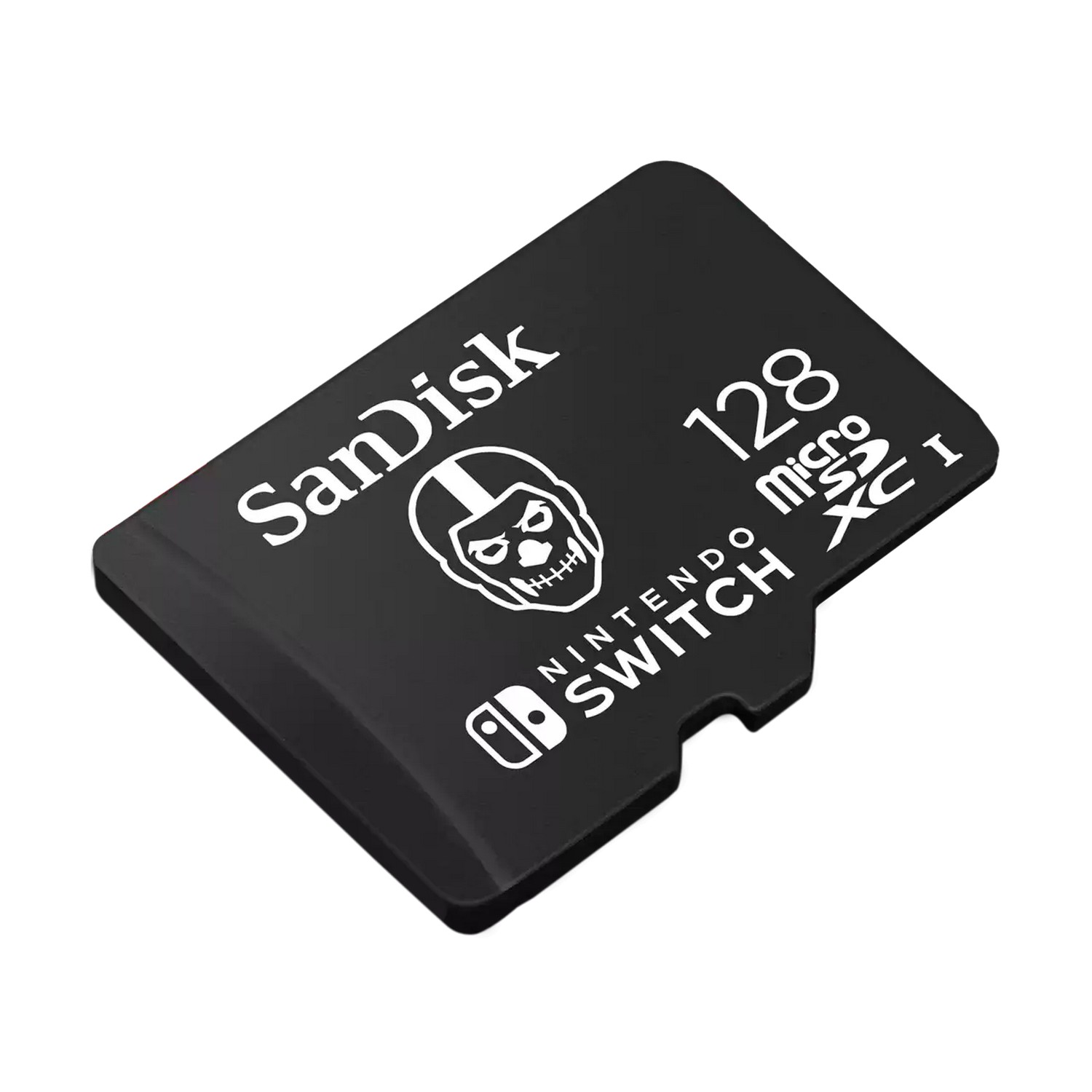 Black SanDisk 128GB Micro SDXC card for Nintendo Switch. A skull logo is on the card, with white text.
