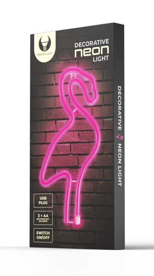 Pudełko z różowym neonowym światłem w kształcie flaminga. Na pudełku napis 'Decorative Neon Light'.