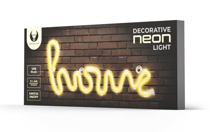 Pudełko z neonem z napisem 'home' na tle ceglanej ściany.