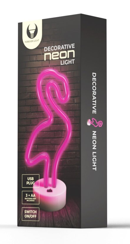 Pudełko z różowym neonem w kształcie flaminga. Wtyczka USB, 3x bateria AA.
