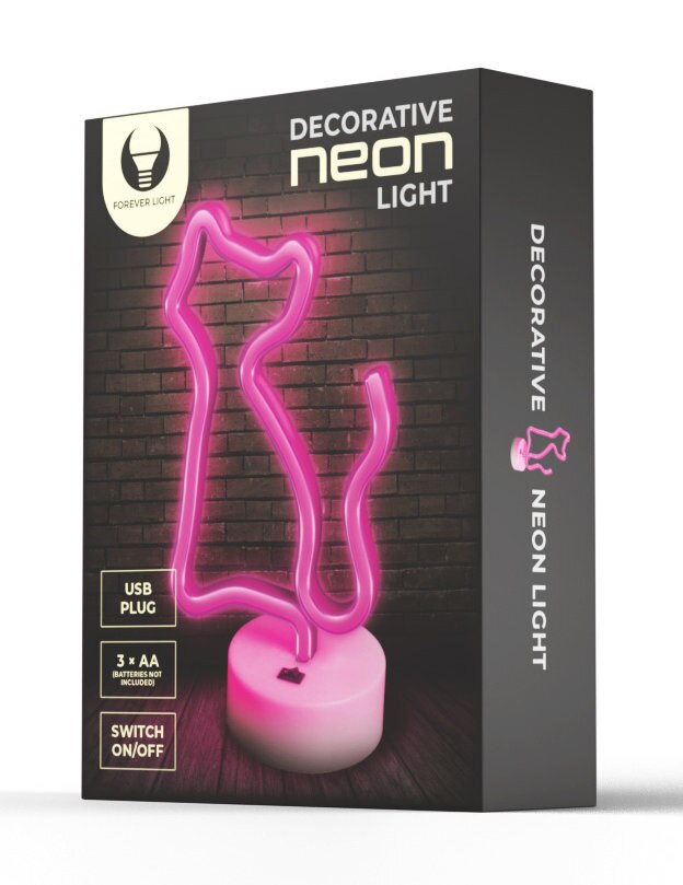 Dekoracyjny neonowy znak kota w czarnym pudełku z napisem 'Forever Light'.