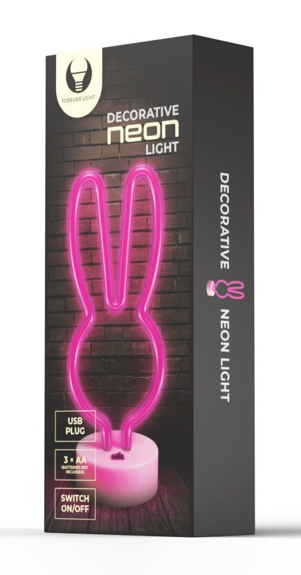 Ozdobna lampa neonowa w pudełku. Różowy kształt królika. Czarne pudełko, brązowa ceglana ściana.