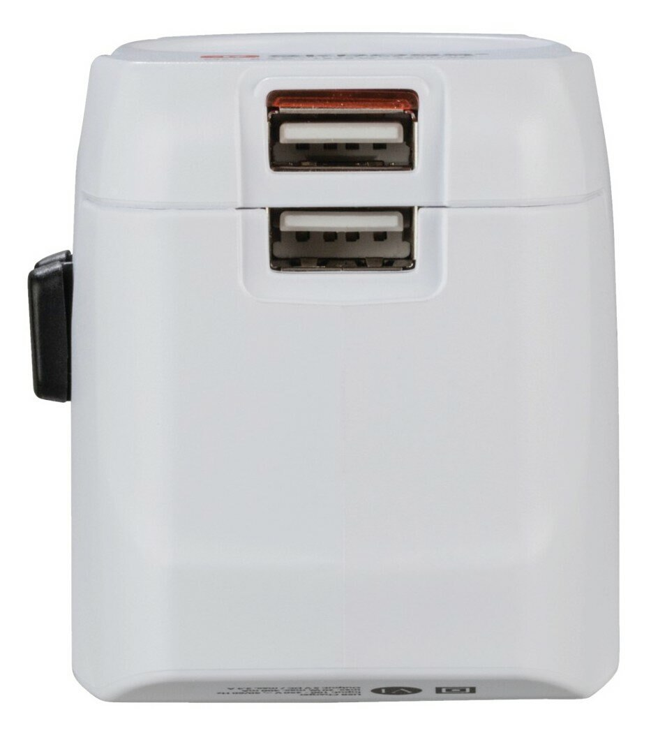 Biała przejściówka podróżna z dwoma portami USB. Górny port ma czerwone wnętrze, dolny jest czarny. Czarny przycisk po lewej.