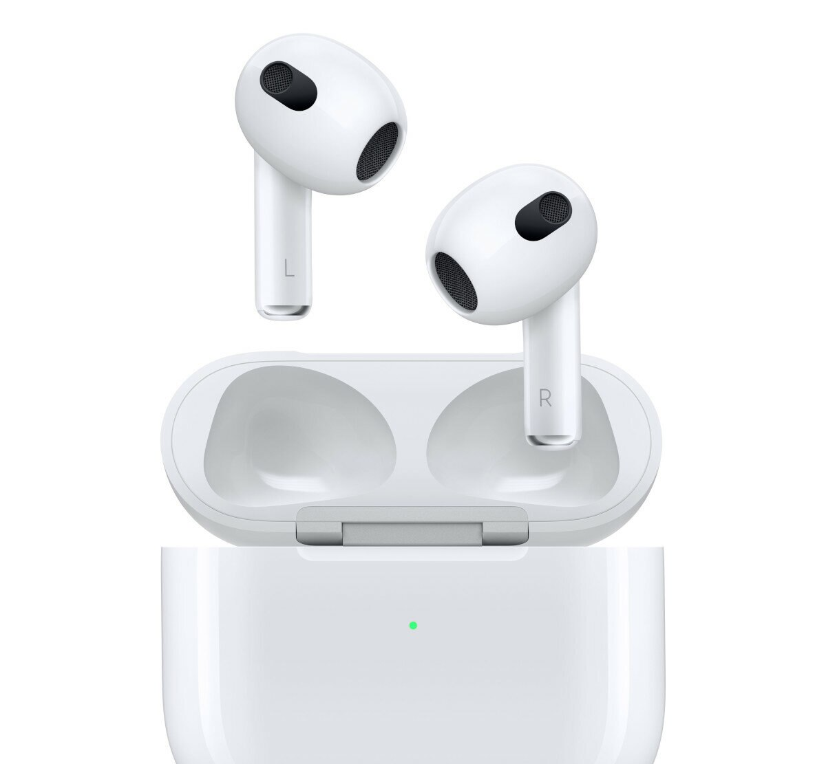 Białe słuchawki AirPods z etui ładującym, etui jest otwarte, a słuchawki są widoczne.