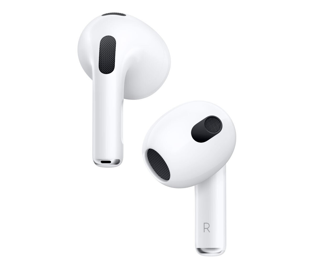 Białe AirPods Apple, dwa zestawy, zbliżenie.