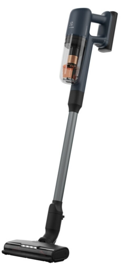 Niebiesko-szary odkurzacz bezprzewodowy. Przezroczysty pojemnik na kurz ze szczegółami miedzianymi.