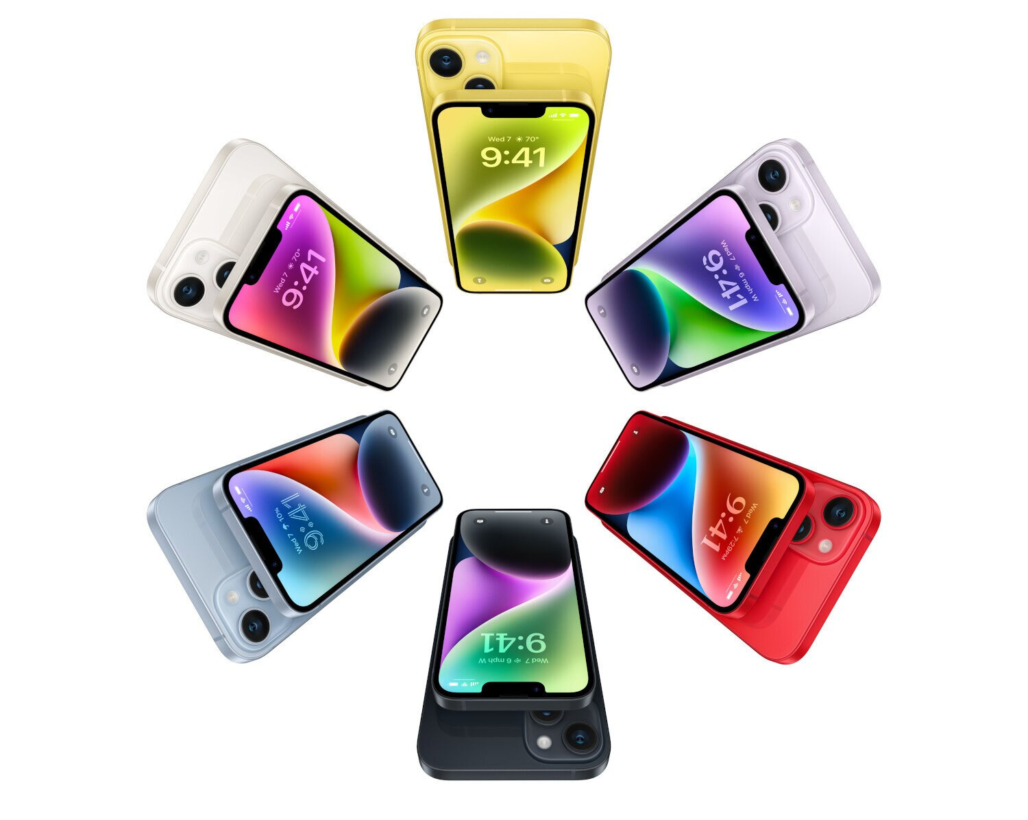 Sześć iPhone'ów w różnych kolorach ułożonych w okrąg.
