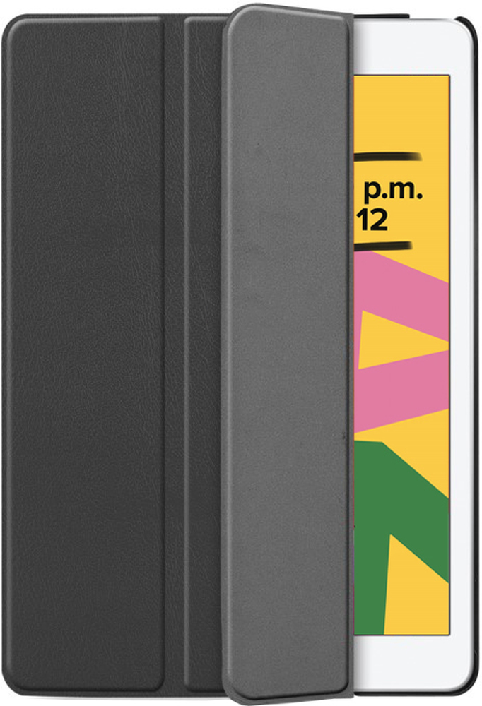 A black tablet with a cover. The screen shows a yellow and pink design.