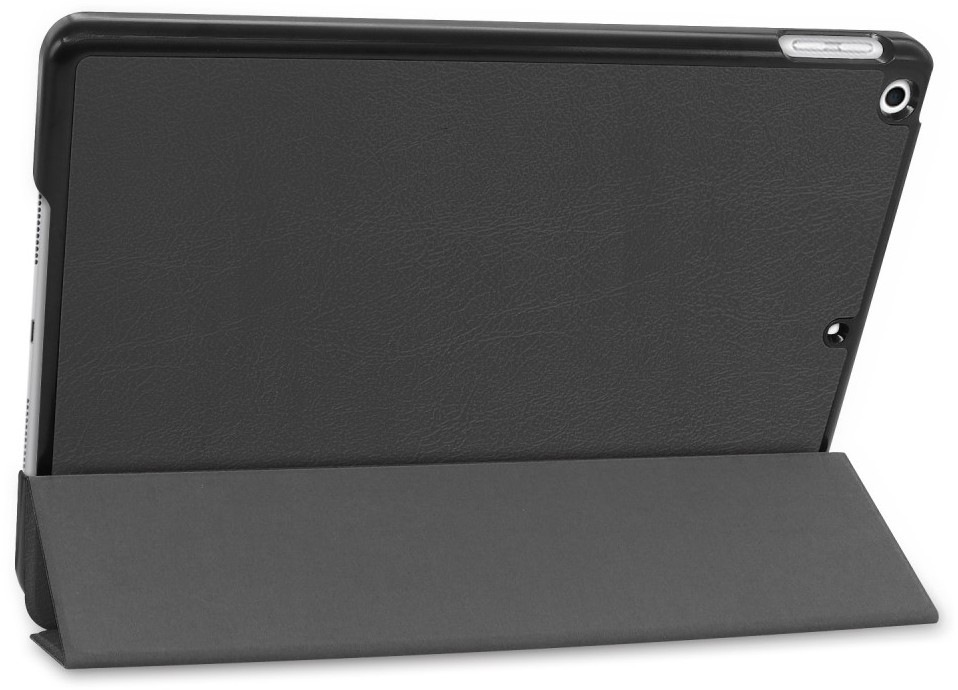 Black tablet in a case with a dark gray cover that folds into a stand.