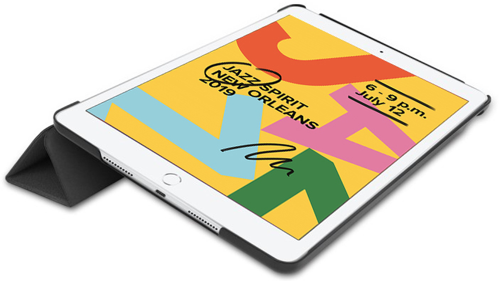 An iPad with a yellow screen that says 'Jazz Spirit New Orleans 2019' and a black cover.