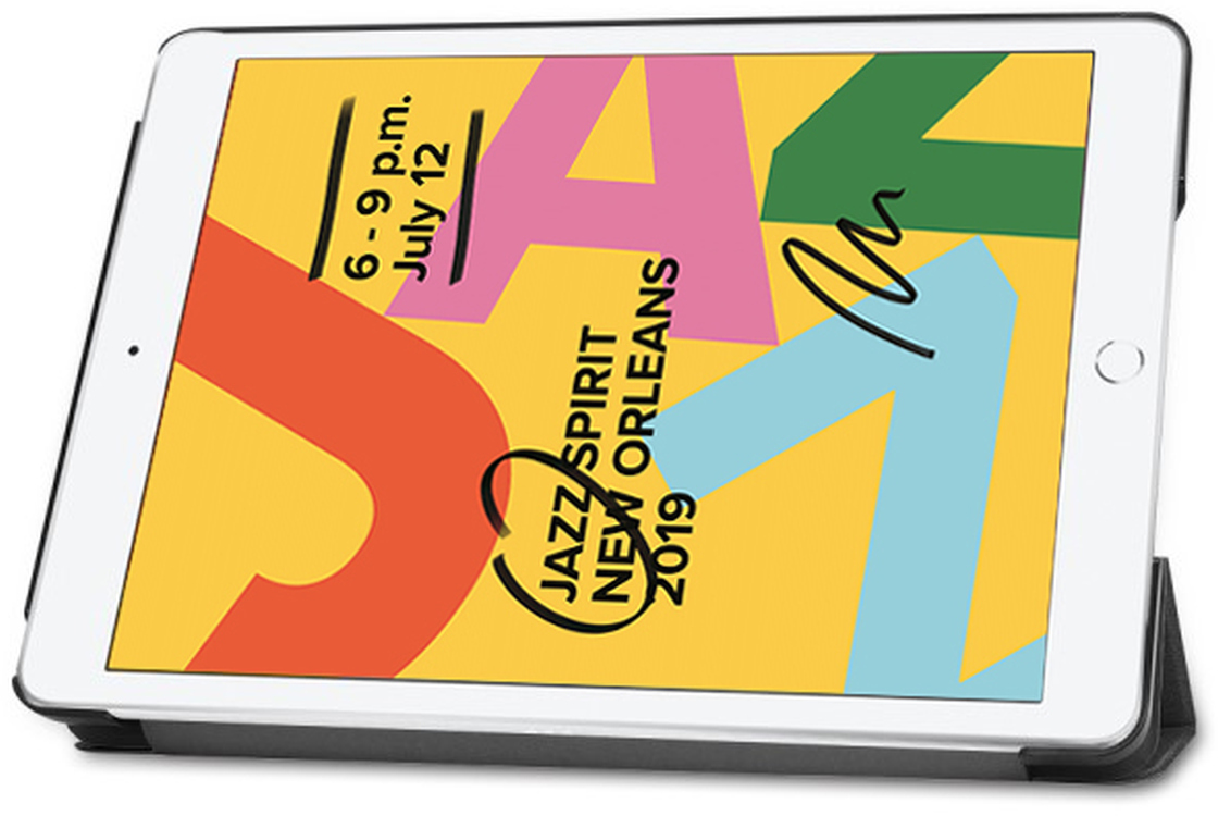 White tablet with colorful Jazz Spirit New Orleans 2019 poster on the screen.