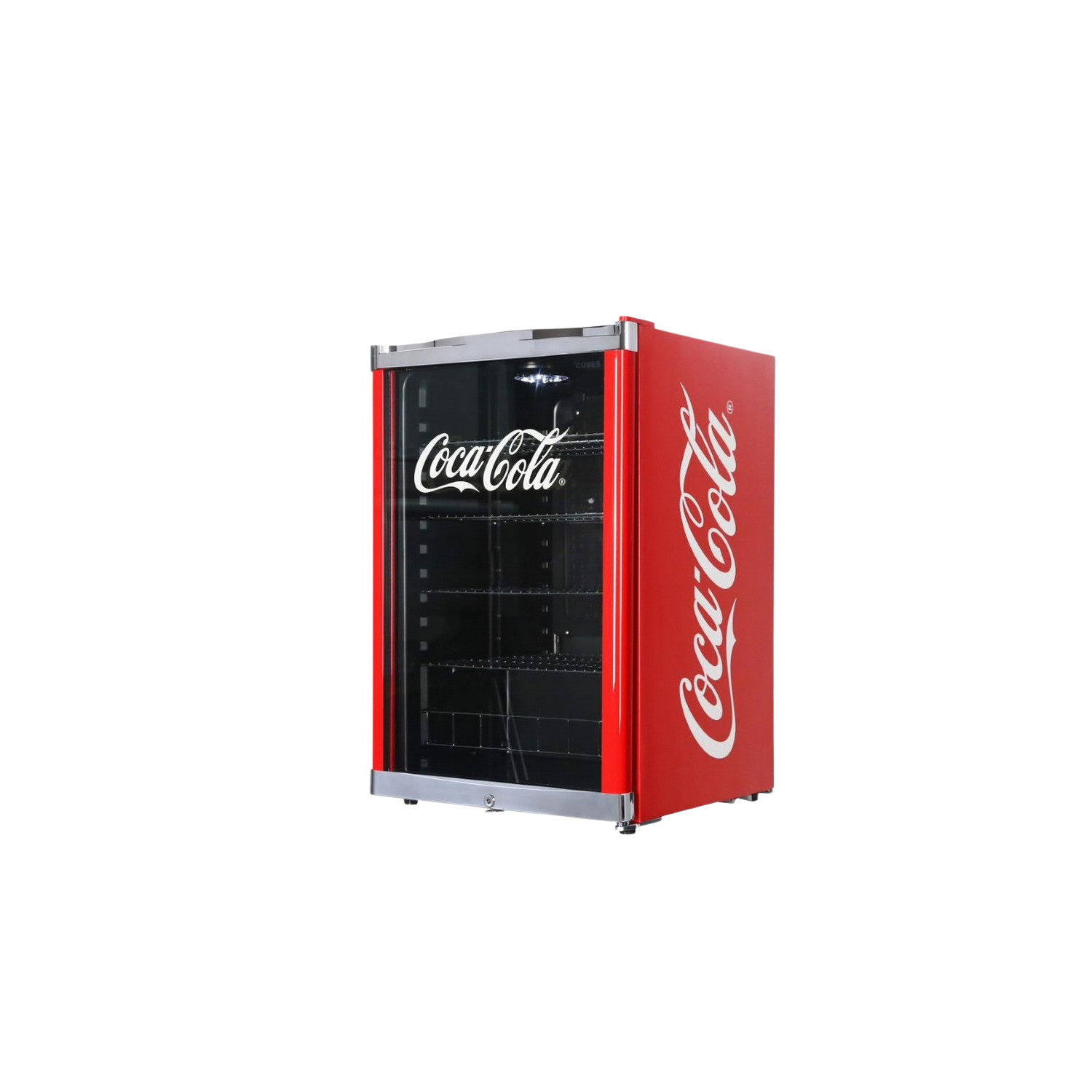 Mini-réfrigérateur Coca-Cola rouge avec porte vitrée. Le logo Coca-Cola est visible.