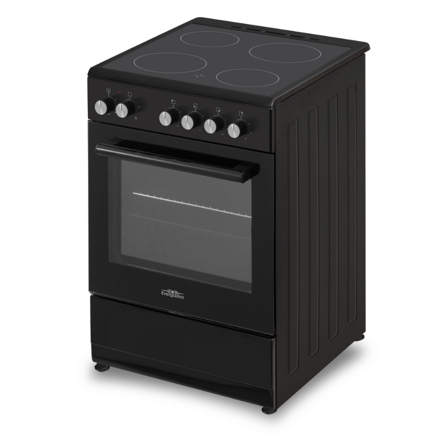 Une cuisinière électrique noire avec quatre brûleurs, un four et un tiroir.