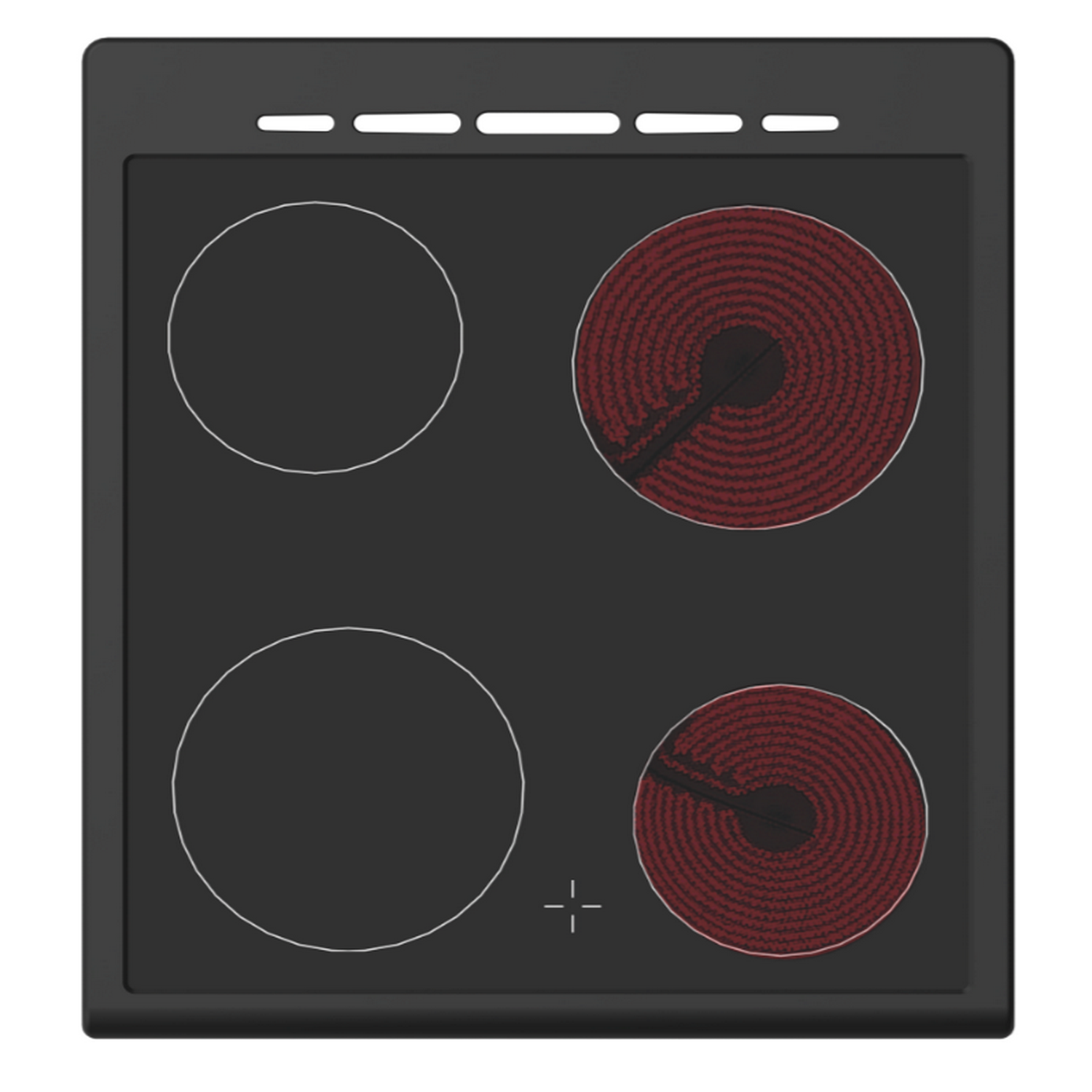 Une table de cuisson noire avec quatre éléments chauffants. Deux sont rouges et deux sont noirs.