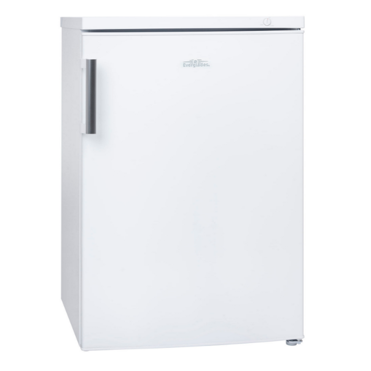 A white refrigerator with a handle. The brand name is Everglades.