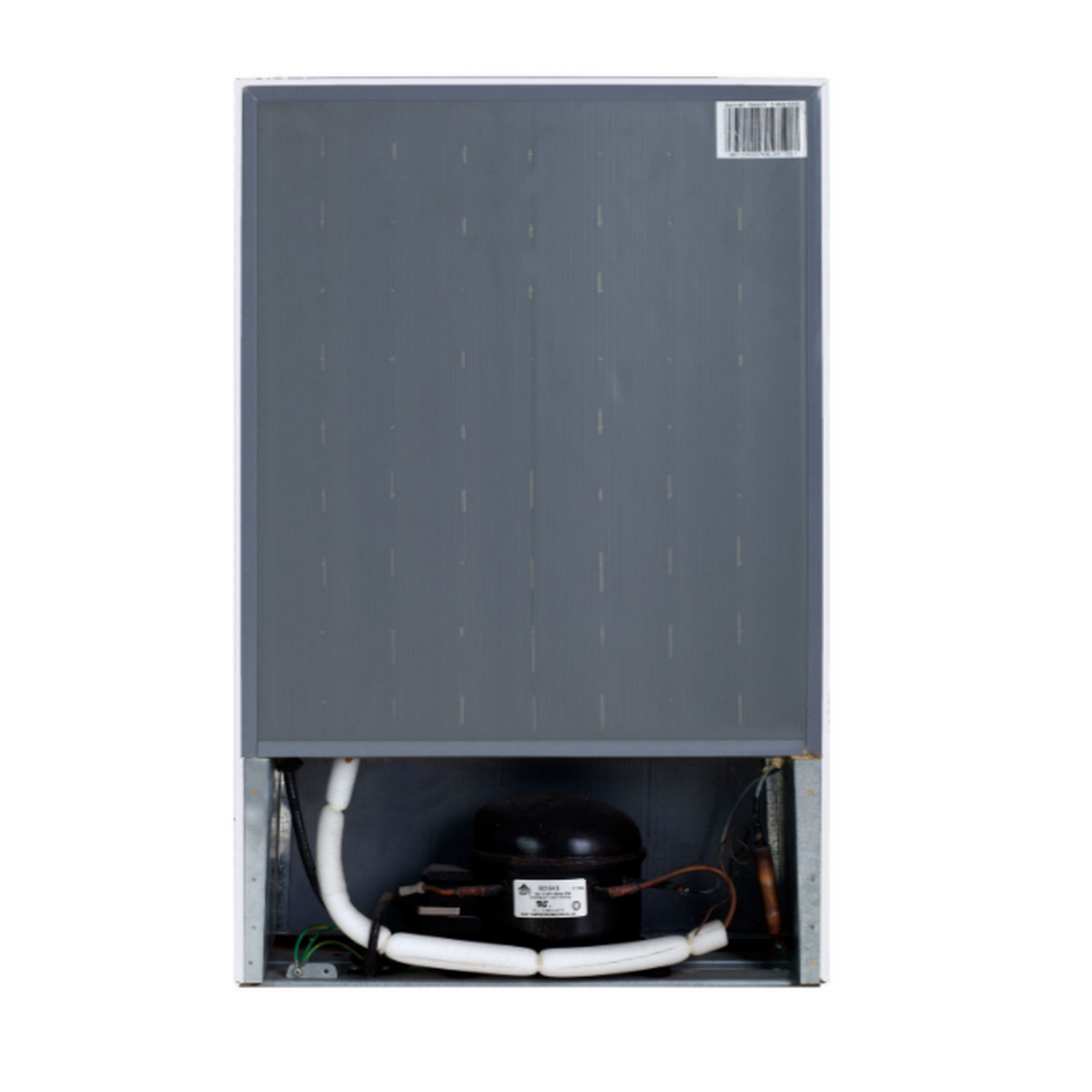 The back of a white refrigerator, with a compressor and other components visible.