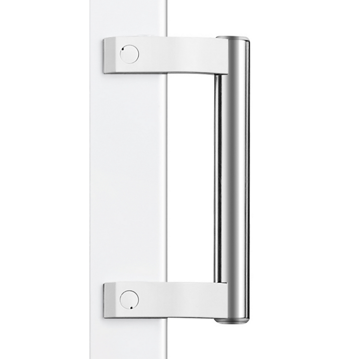 A white door handle with a silver handle and white mounting plates.