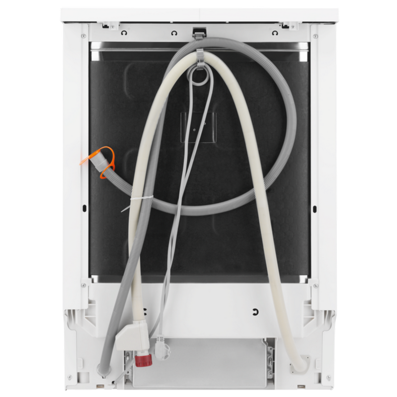 Back of a white dishwasher. Hoses and wires are visible, with a black background.