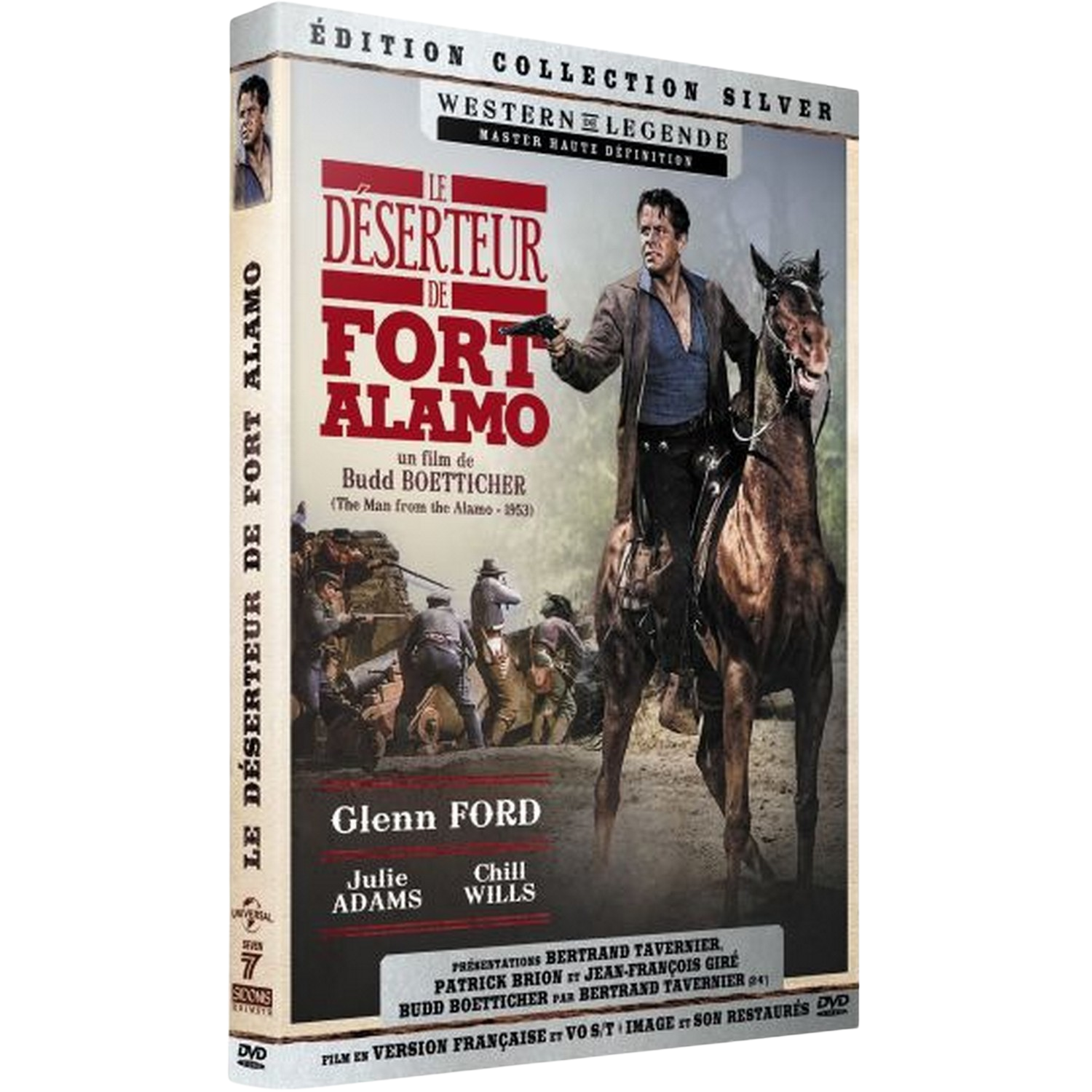 Couverture DVD de 'Le Deserteur De Fort Alamo'. Homme à cheval tenant une arme.