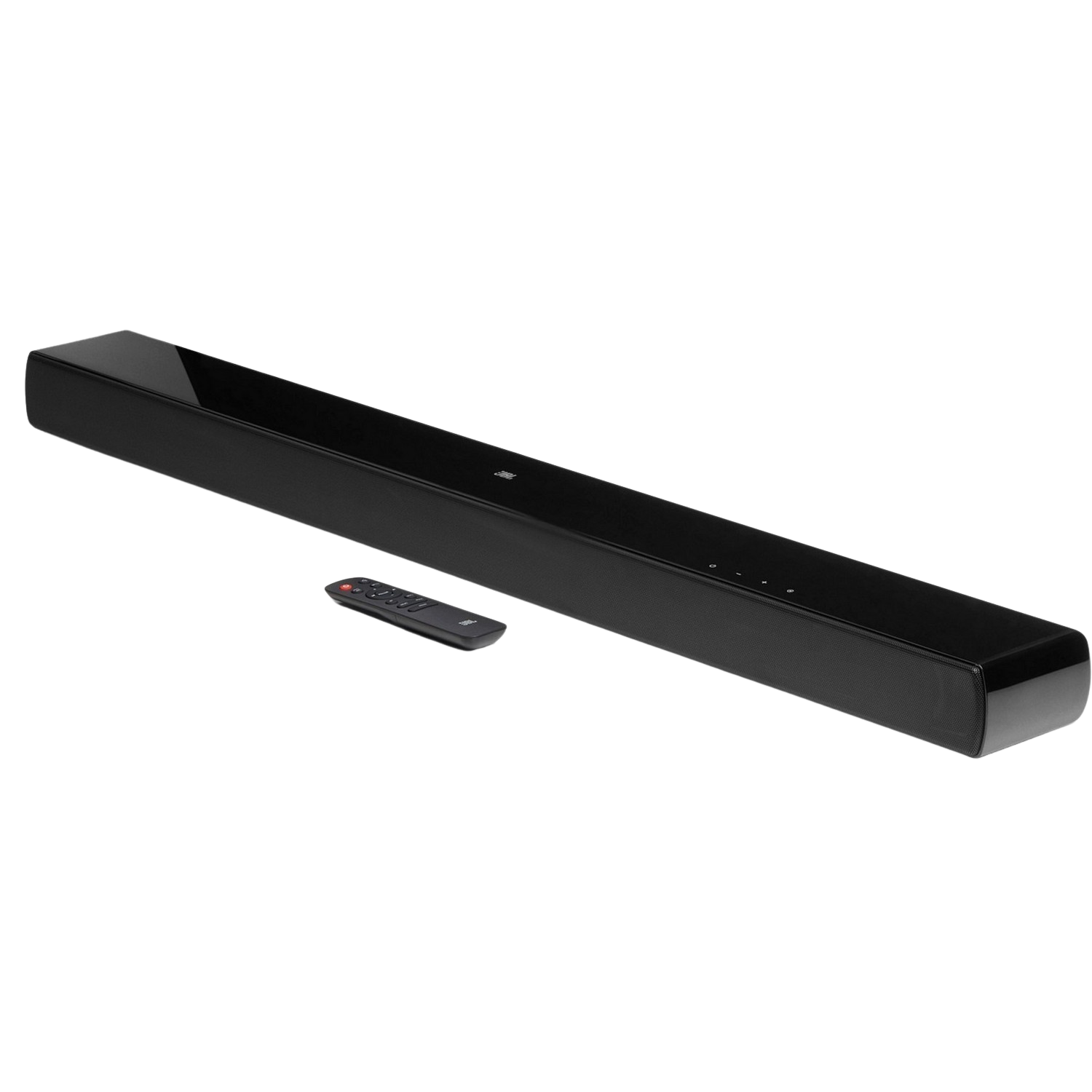 Barre de son noire avec une télécommande sur fond noir. Le logo JBL est visible.