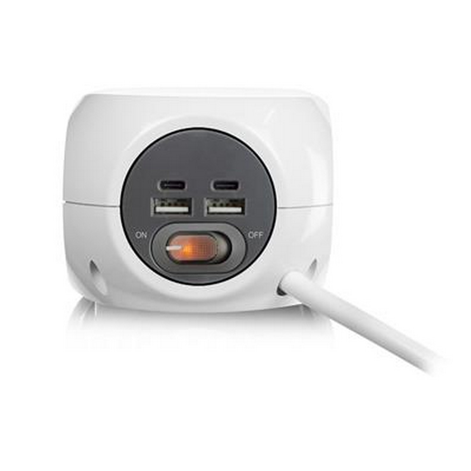 White power adapter with USB ports, on/off switch, and a power cable.