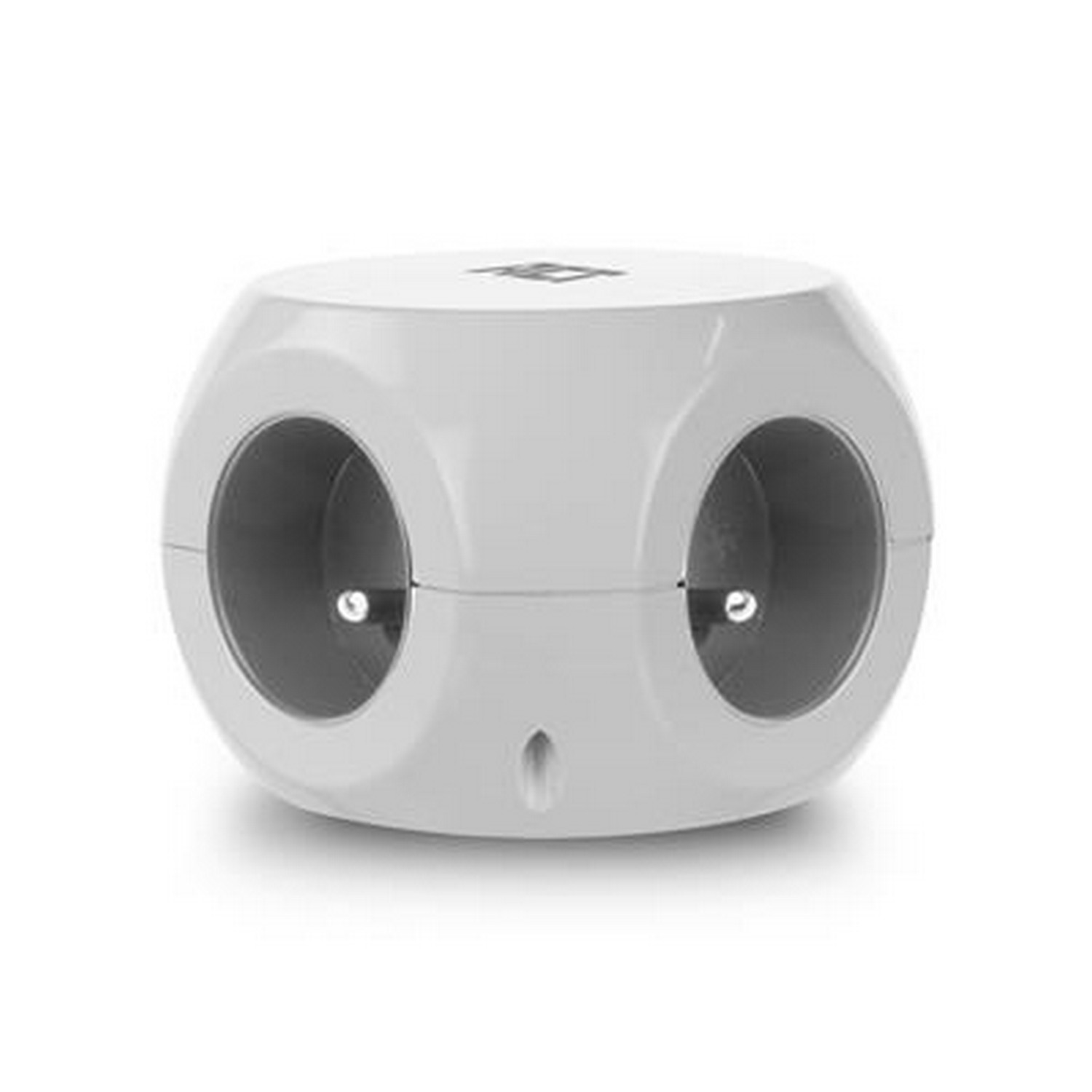 White, cube-shaped power adapter with three outlets. It is on a white background.