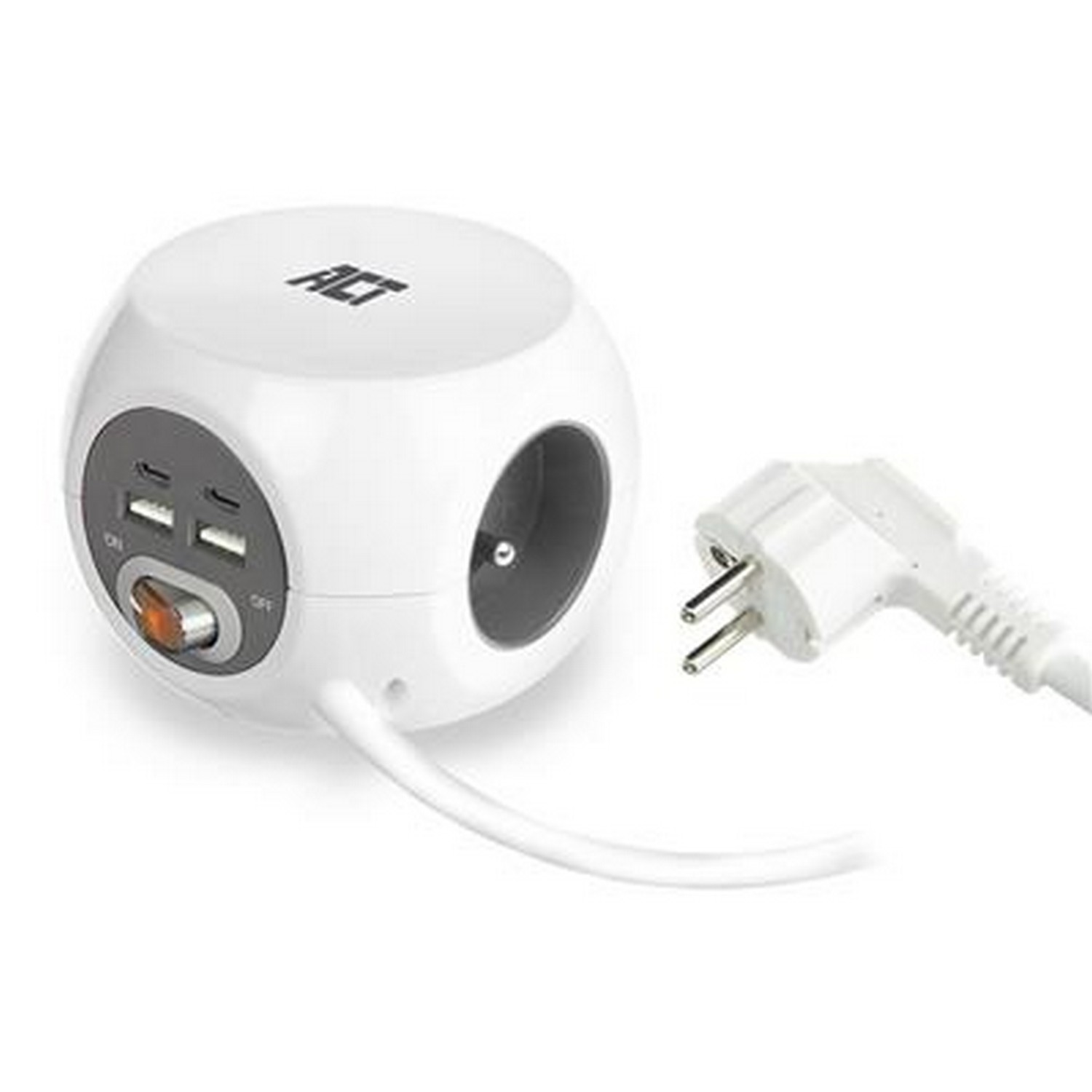 White cube power outlet with multiple ports and a white power cord.
